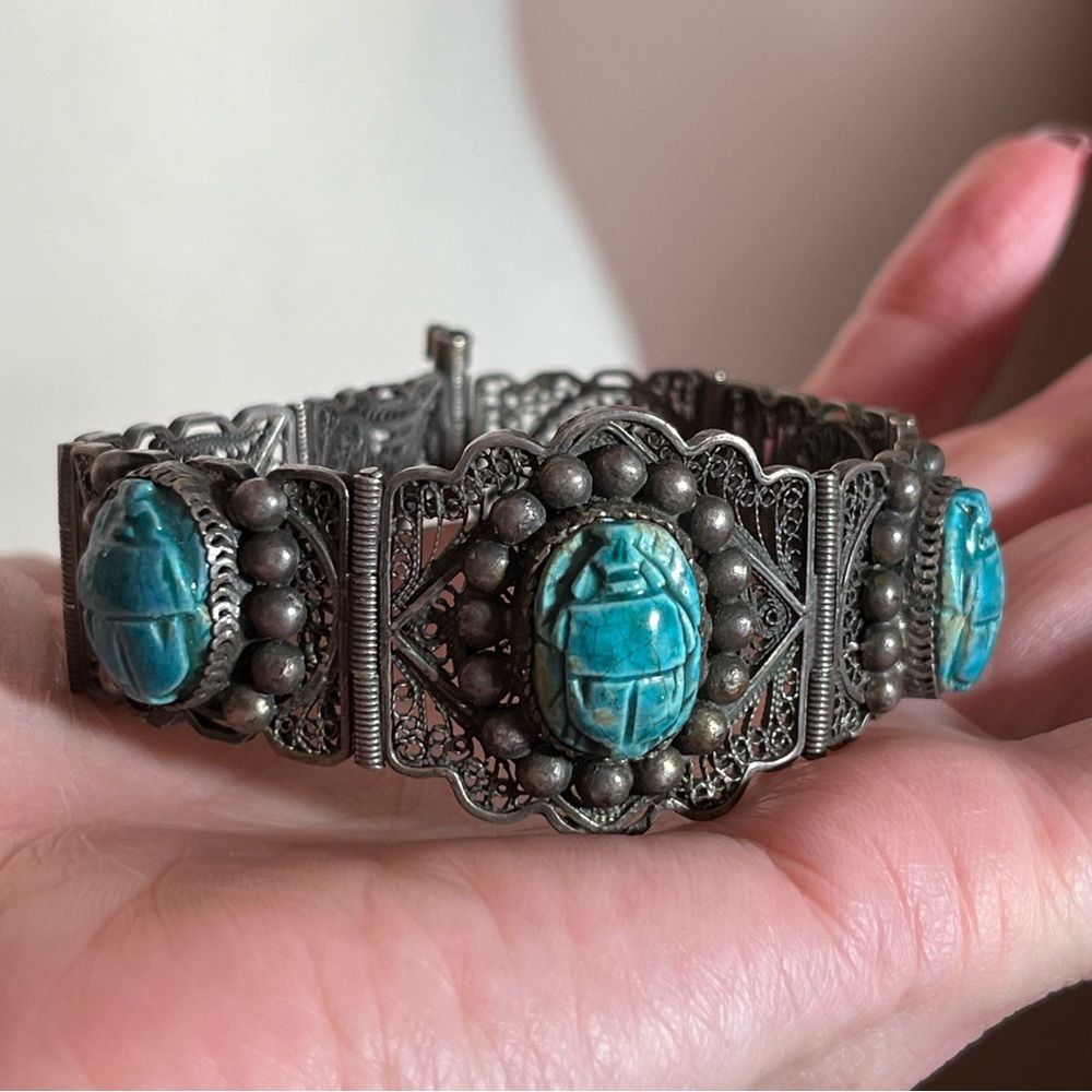 Antique Art Deco Sterling Silver Egyptian turquoise Scarab Beetle wide Bracelet - Picture 12 of 17